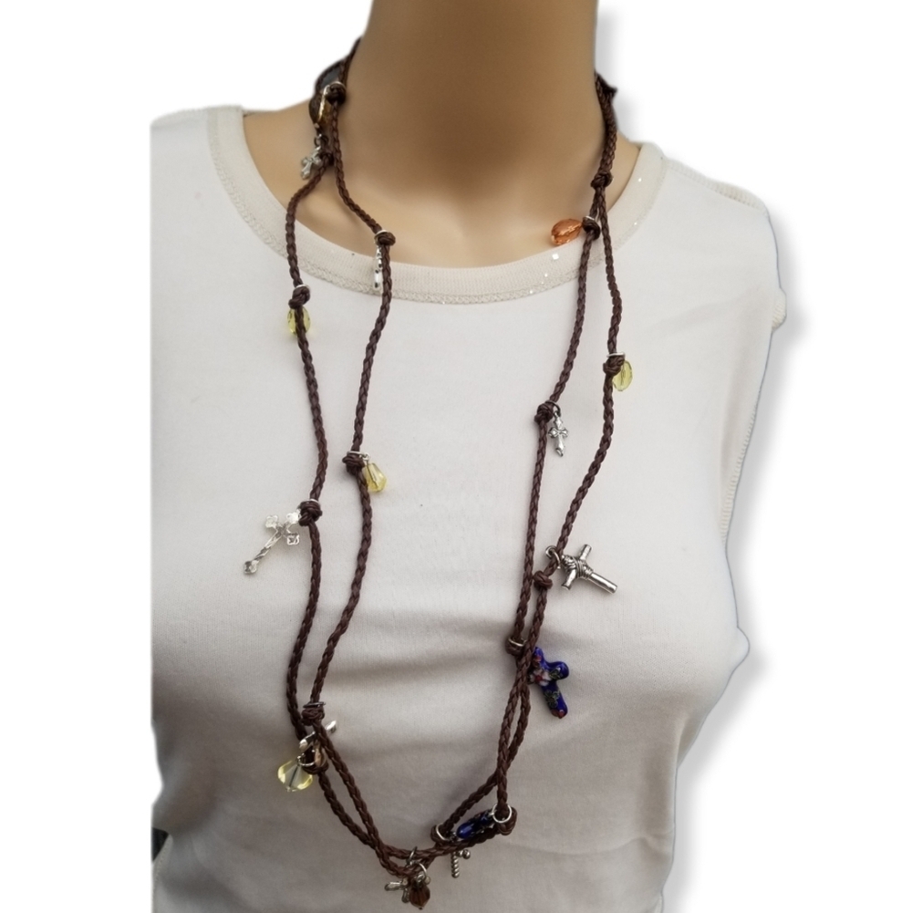 VERY LONG BROWN BRAIDED LEATHER & SILVERPLATED CROSS CHARMS NECKLACE